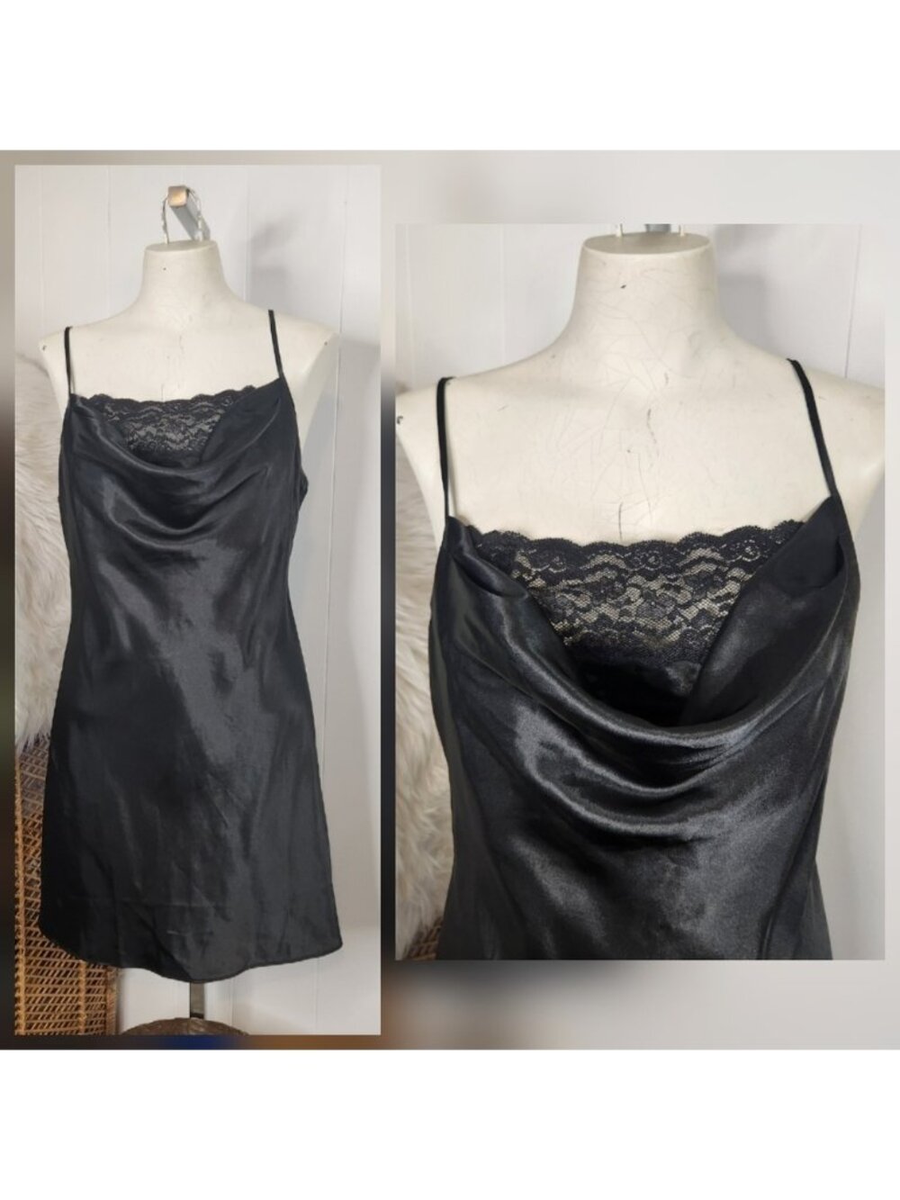 Y2K Black Lace Slip Dress Nightie Lingerie Mini Dress size Medium whimsigoth